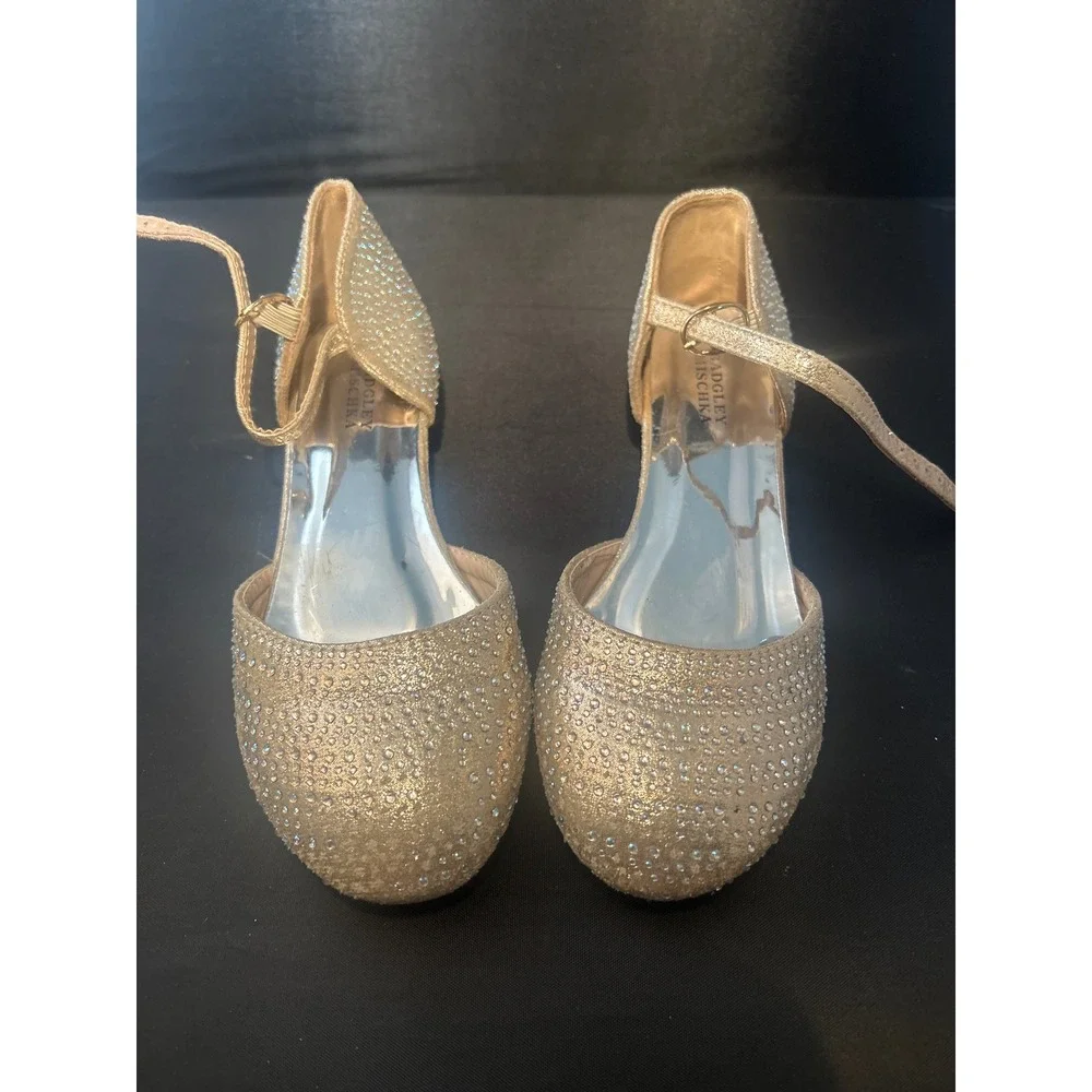 Badgley Mischka Girls Gold Glitter Rhinestone Ankle Strap‎ Dress Shoes Size 2
